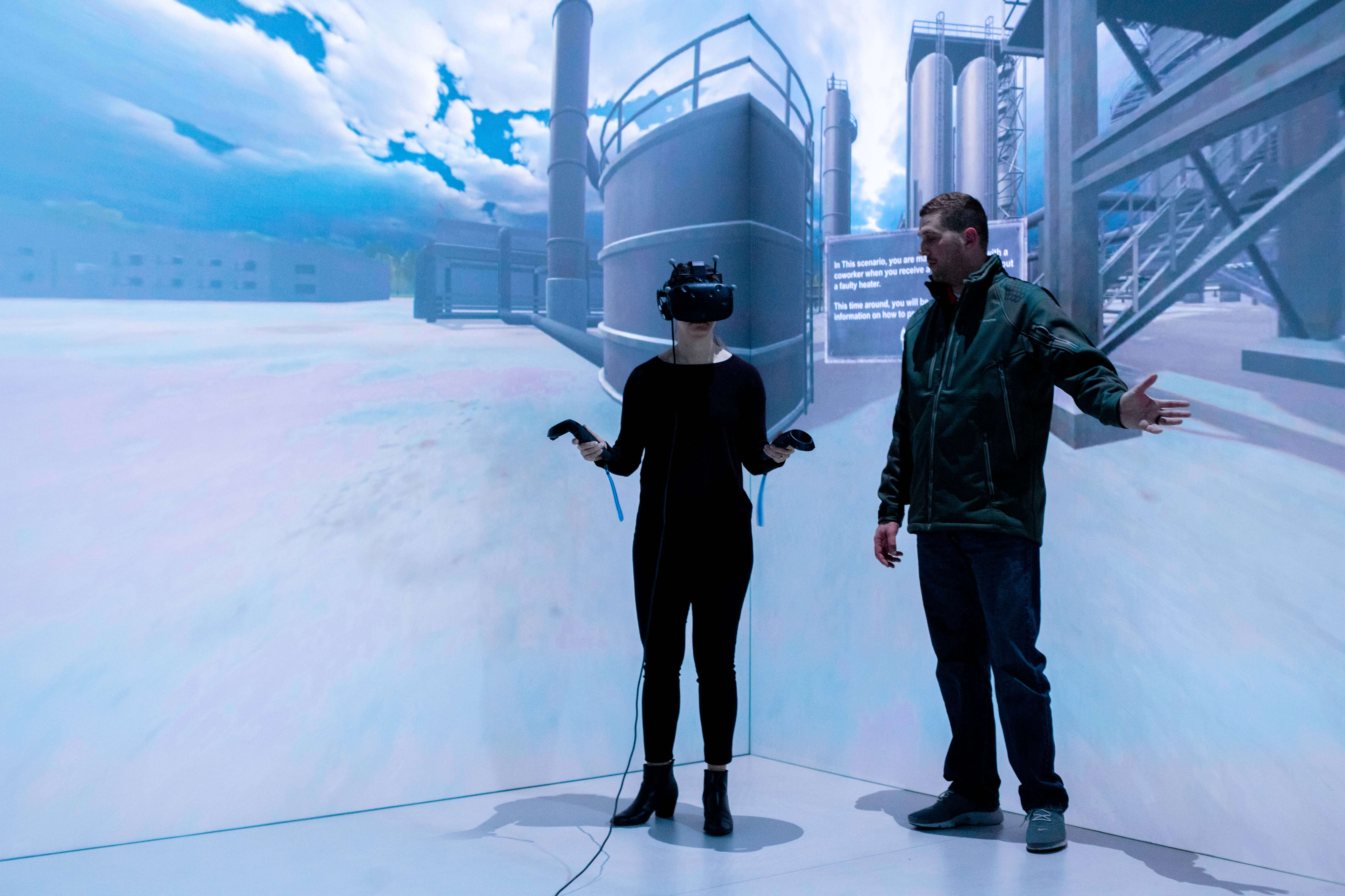 An employee interacts with a digital refinery during a Flint Hills Resources training exercise. Training with virtual reality can lead to higher recall accuracy.